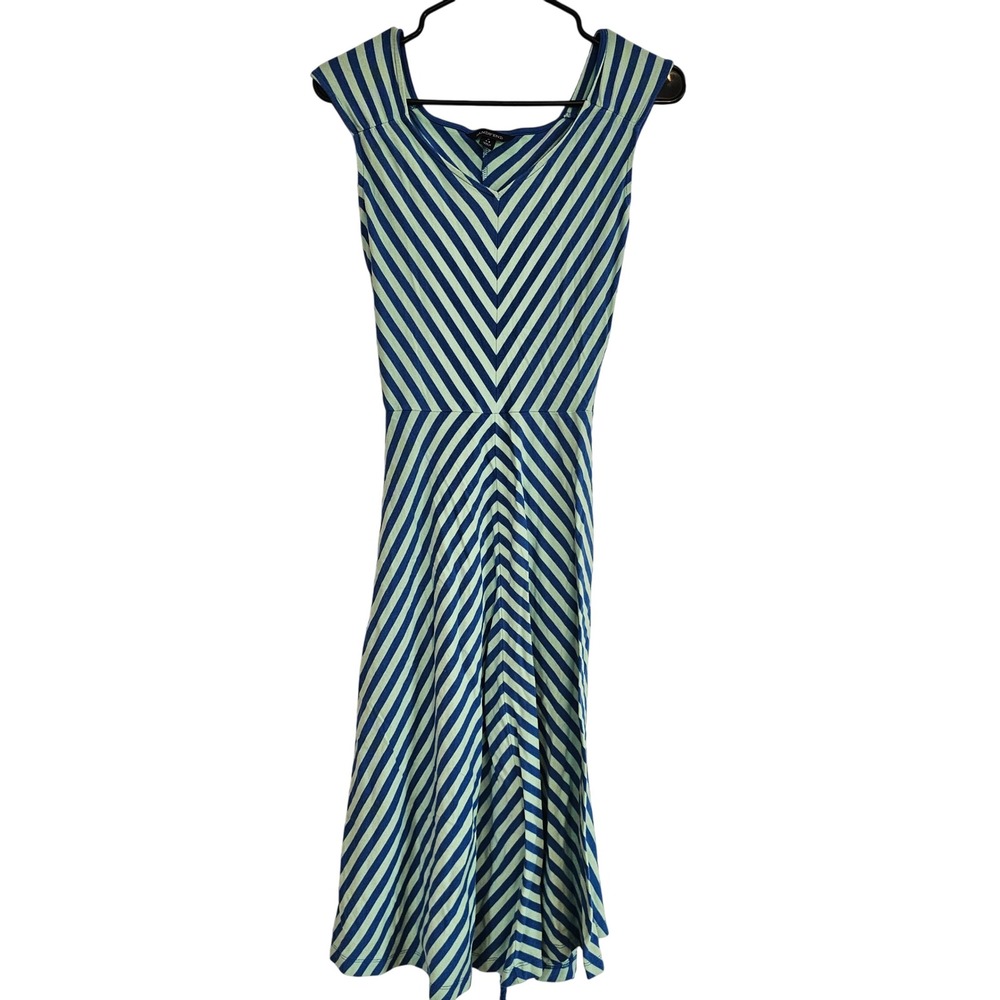 Lands‎ End Maxi Dress Blue Mint Green Striped Cap Sleeve Belted Midi